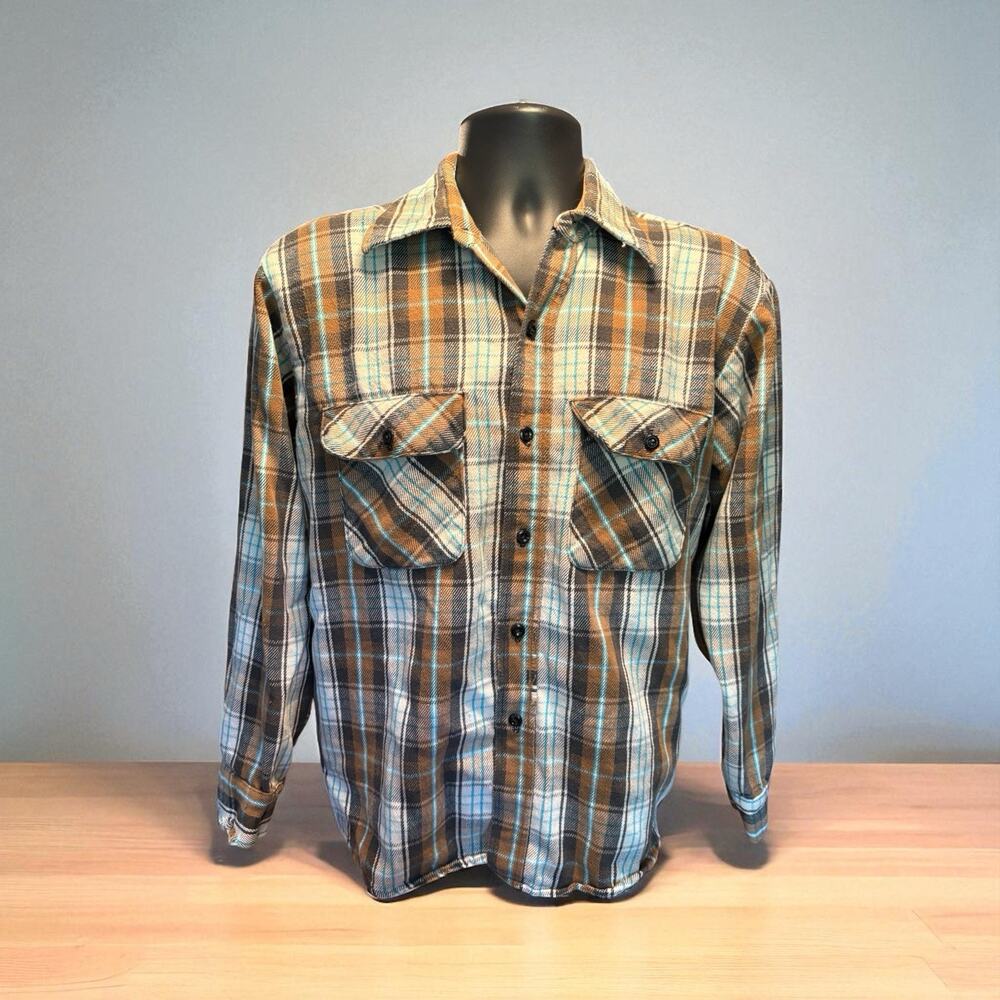 Vintage Clydesdale Flannel Shirt Distressed Sz Lg Blue Aqua Plaid Mountain Fall